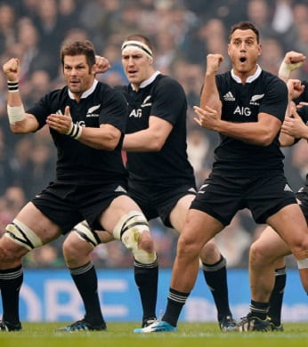 New Zealands All Blacks Rugby team performing a Haka